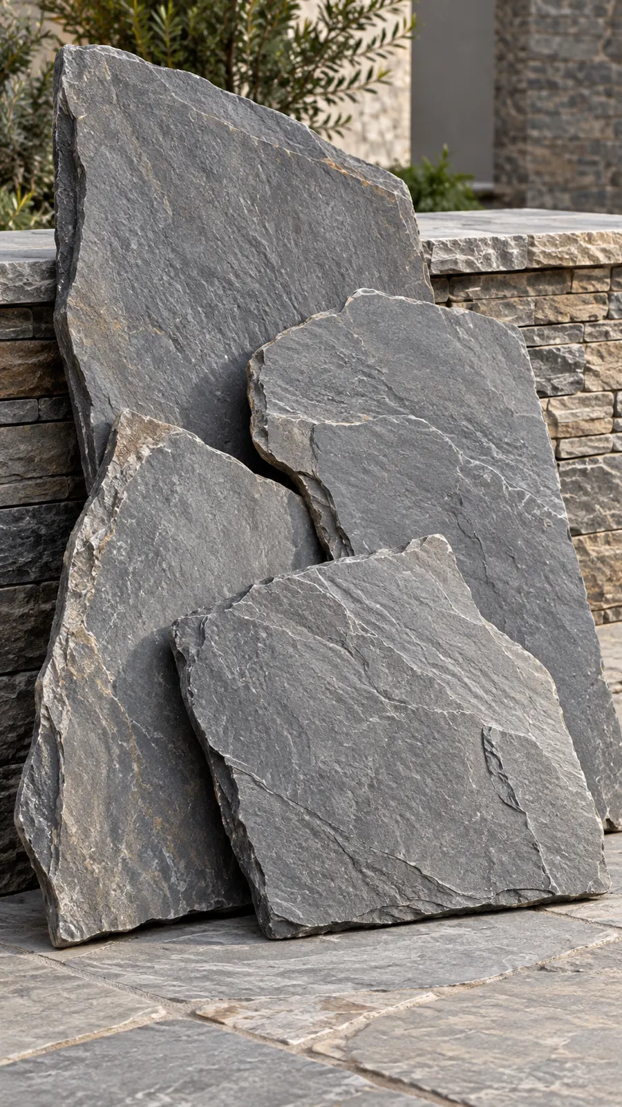 Placas de piedra gris apoyadas contra un muro